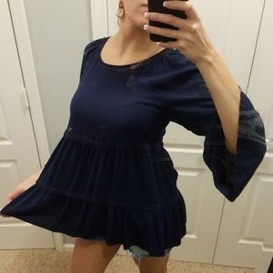 Navy embroderied peasant top